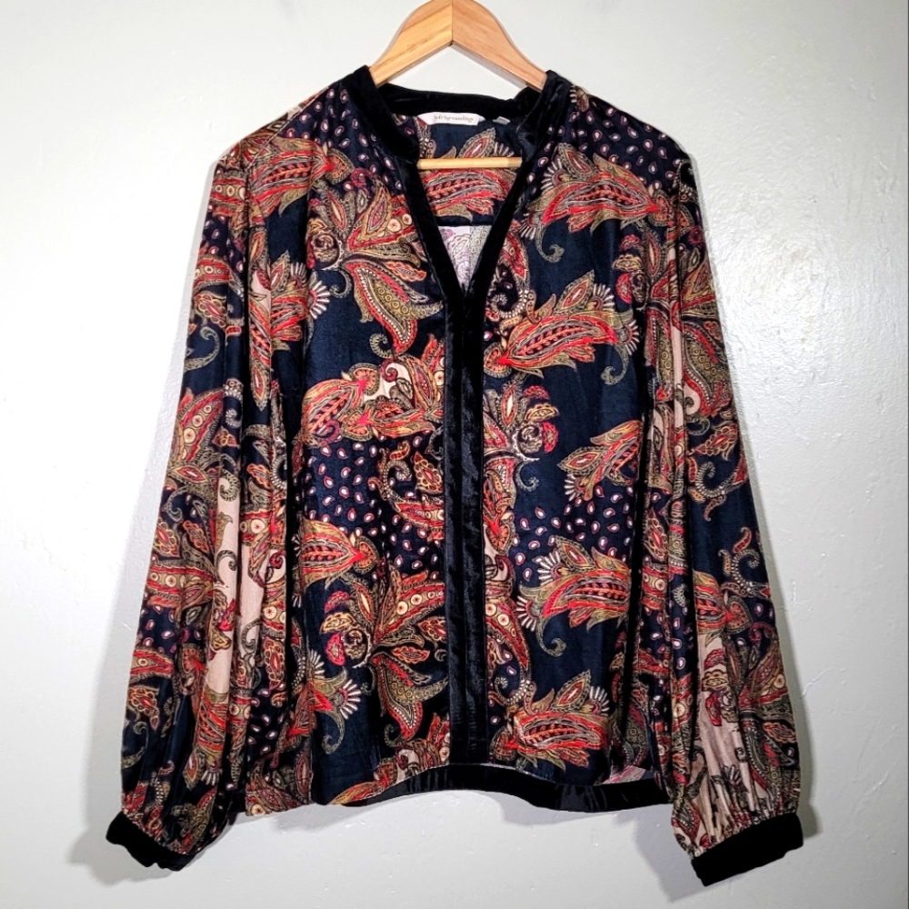 Soft Surroundings Navy Paisley Velvet-Trim Blouse